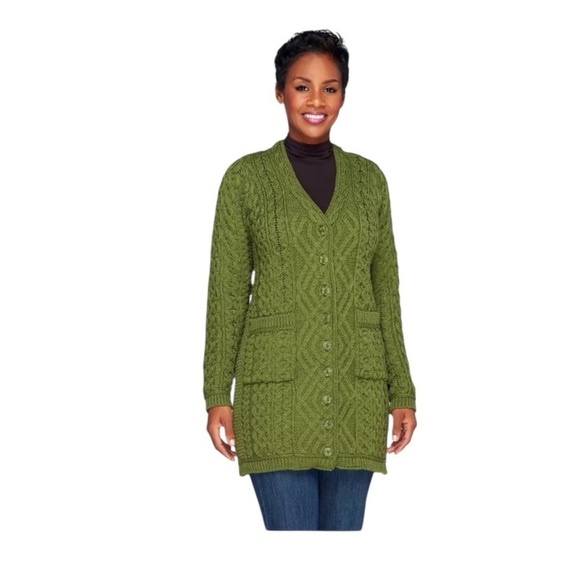Aran Craft Merino Wool Boyfriend Open Front Olive Green Long Cardigan  SZ XXL - Picture 1 of 14